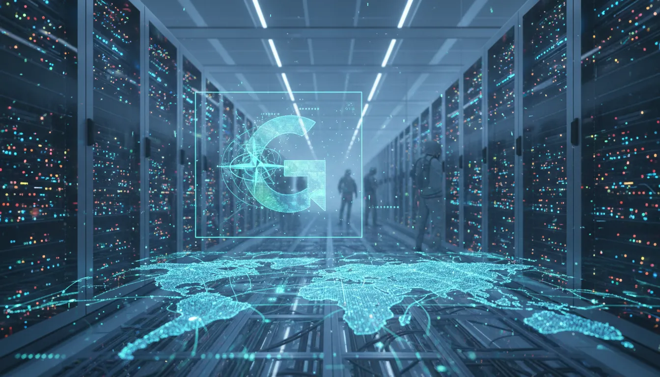 Data center high-tech com projeção holográfica do Google Web Guide: e mapa detalhado da internet.