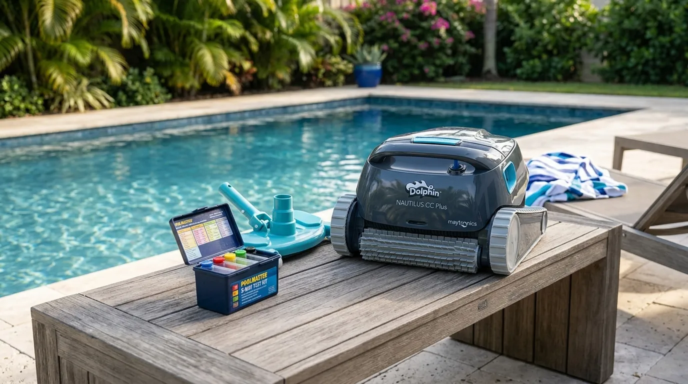Acessórios kit limpeza piscina organizados banco madeira área lazer Equibombas
