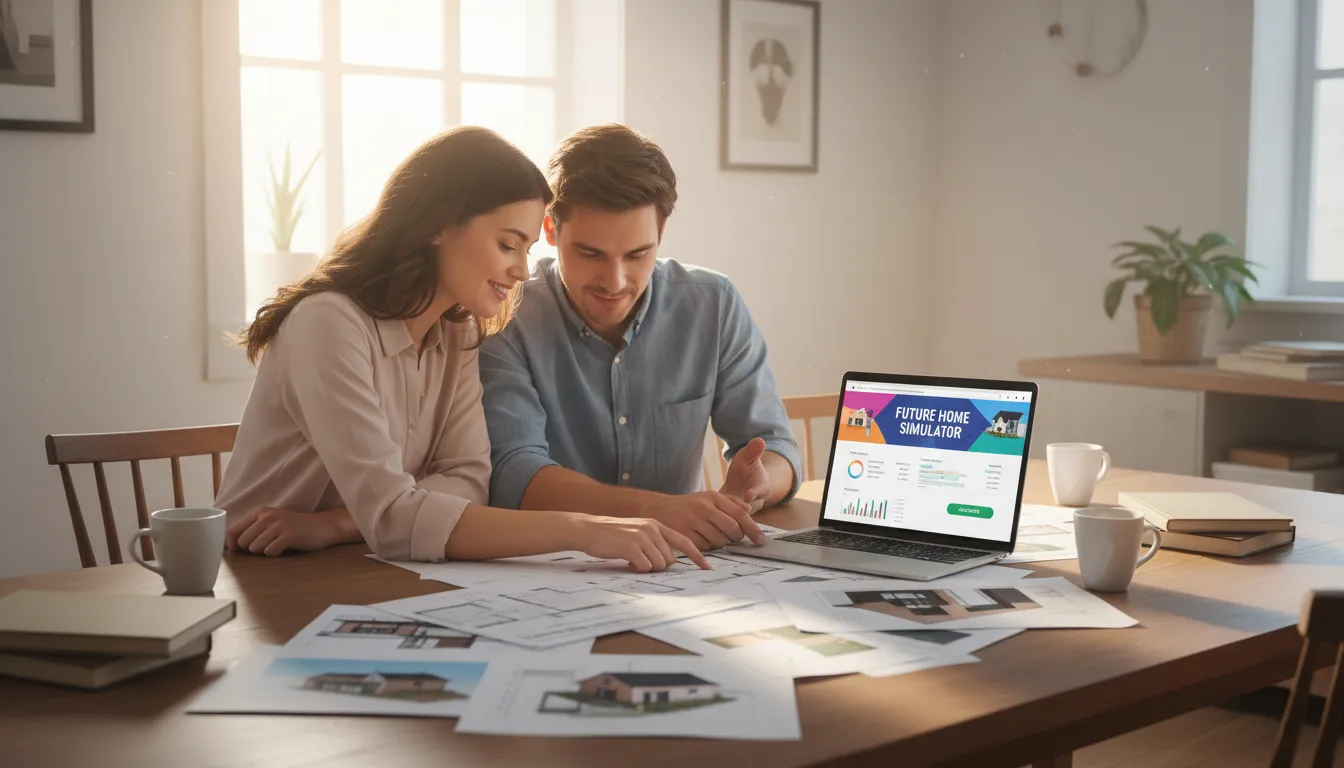 Casal analisando documentos e simulando financiamento imobiliário em um notebook em ambiente doméstico.