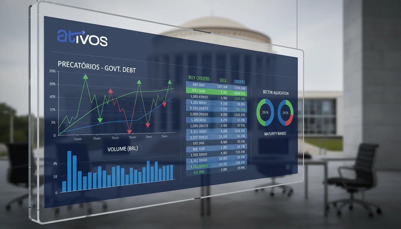 Interface digital moderna mostrando gráficos e ordens de compra e venda de precatórios o que é, com o STF ao fundo.