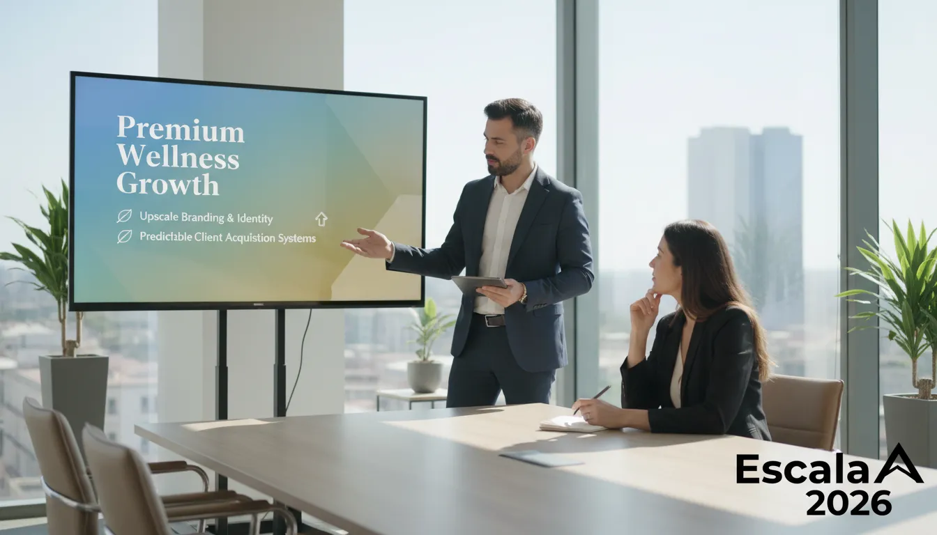 Especialista em marketing digital apresentando estratégias de branding premium e aquisição de clientes, mostrando como calcular taxa de conversão para 2026.