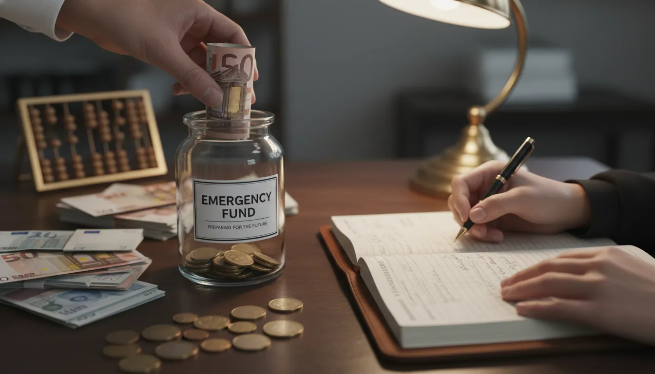 Mãos guardando dinheiro em pote de emergência, simbolizando disciplina e preparo financeiro.