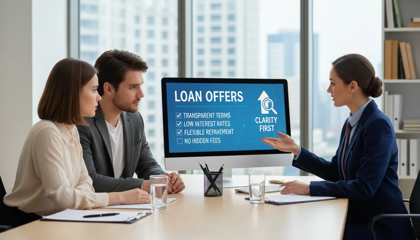 Consultor financeiro orientando casal jovem, mostrando condições transparentes de empréstimo em um escritório organizado.