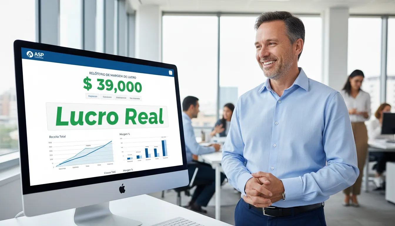 Um painel de controle limpo e organizado do sistema ERP da ASP Softwares, exibindo um relatório claro da margem de lucro real, mostrando a solução da empresa.