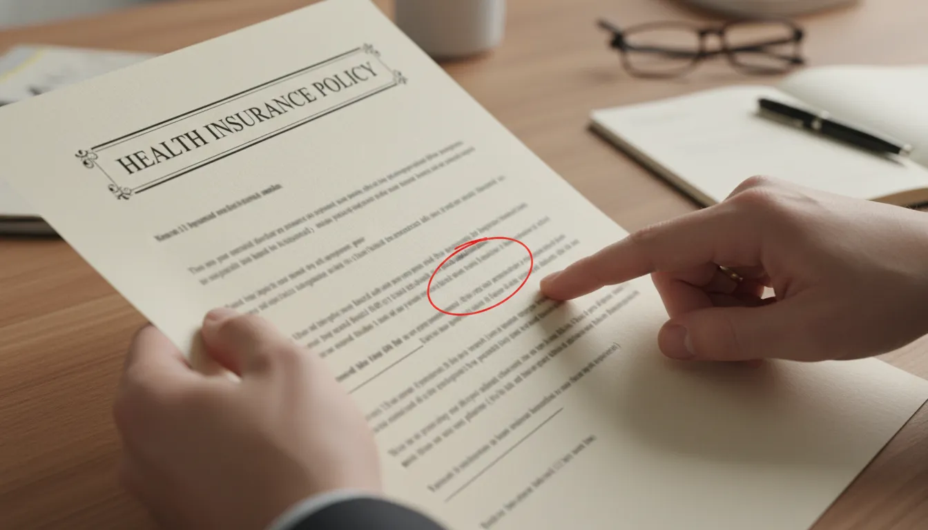 Advogado em Pomerode analisando contrato de plano de saúde. Mãos apontam cláusulas importantes do documento.