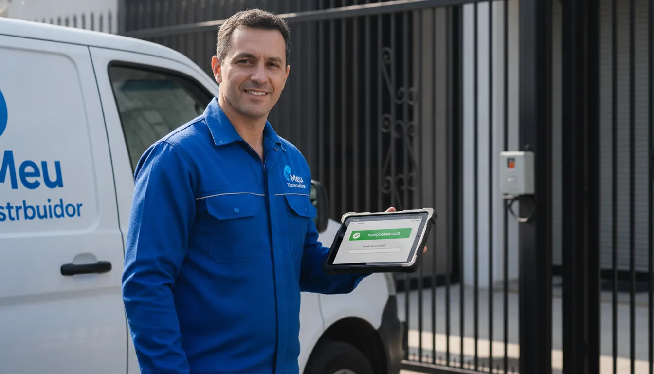 Técnico finaliza ordem serviço no local, coletando assinatura digital e enviando orçamentos PDF.