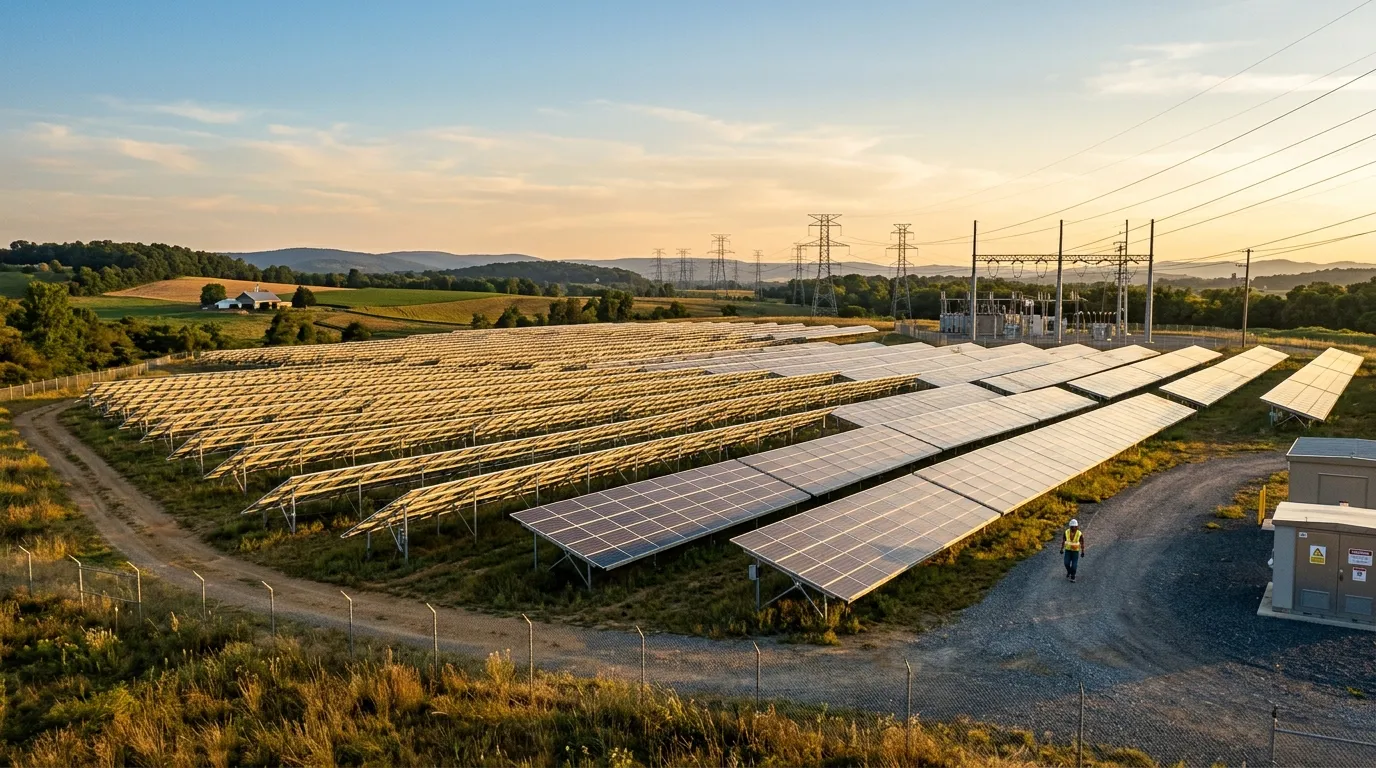 Usina fotovoltaica conectada à rede explicando o que continua cobrando na conta com energia solar por assinatura.
