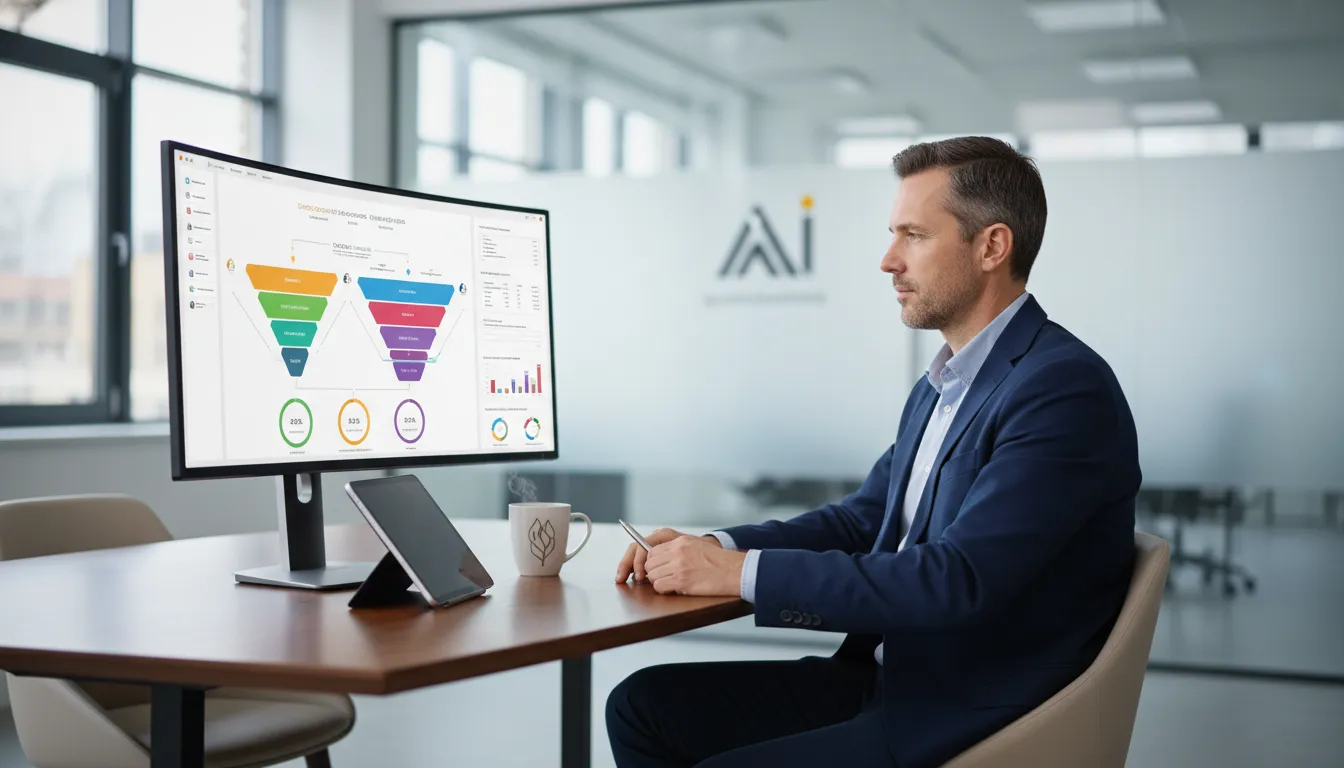 Profissional analisa funil de vendas B2B, otimizando estratégias de marketing digital para geração de leads.