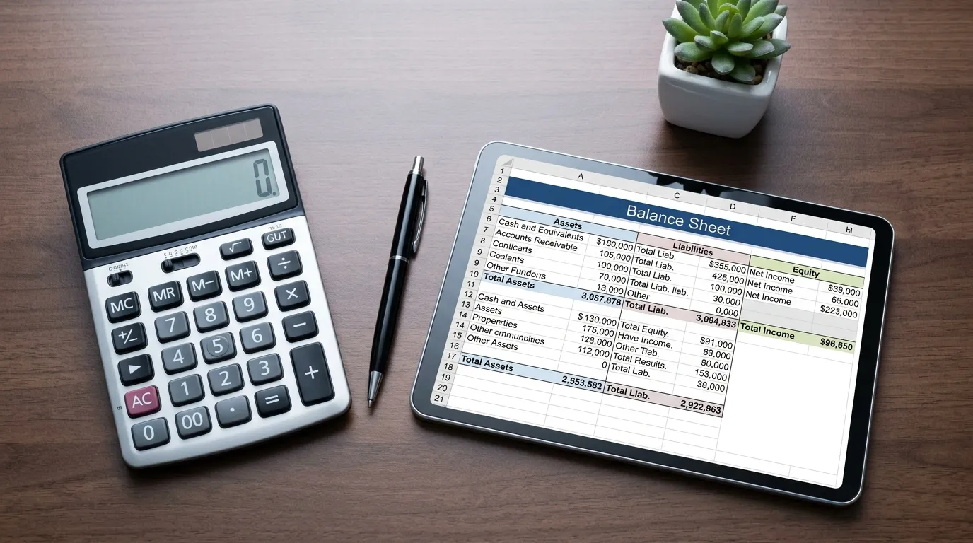Mesa de trabalho organizada com calculadora e relatórios para planejamento de fluxo de caixa.