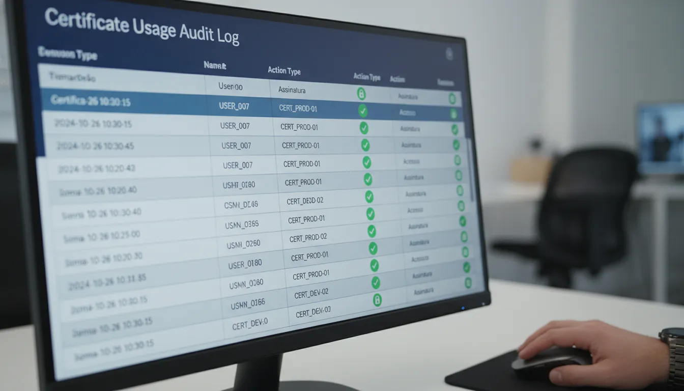 Tela exibe log de auditoria certificado digital LGPD, com registros detalhados de uso e acesso seguro.