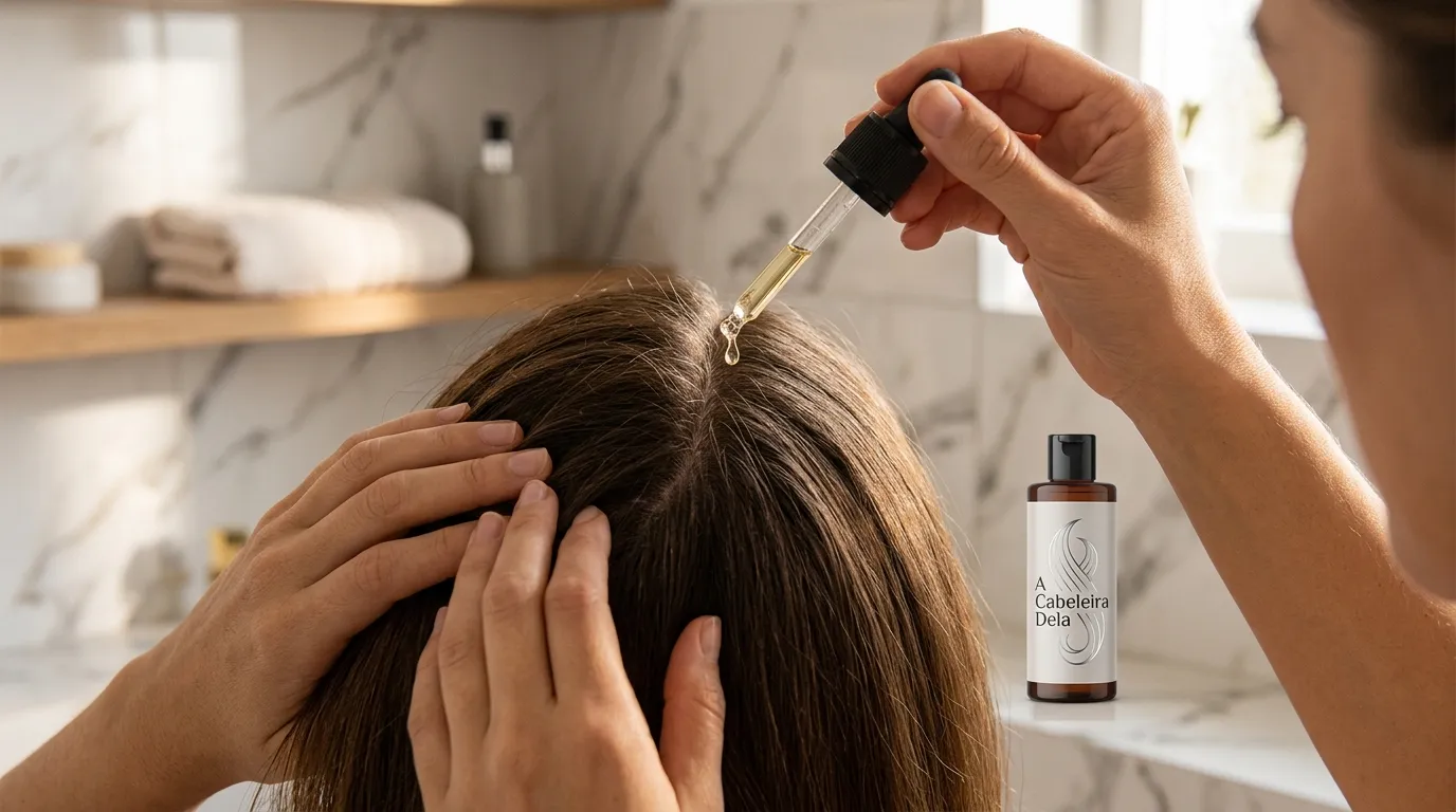 Aplicação de óleo natural durante massagem capilar para nutrir o couro cabeludo.