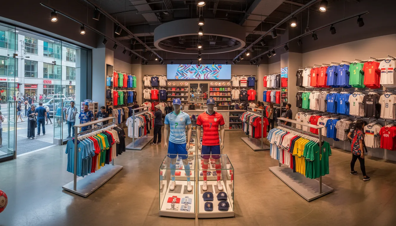 Loja de artigos esportivos com camisas das seleções classificadas para a Copa do Mundo 2026, diversas opções e tamanhos.