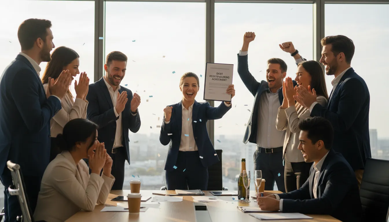 Equipe empresarial comemorando acordo de redução de dívida com advogado em ambiente corporativo