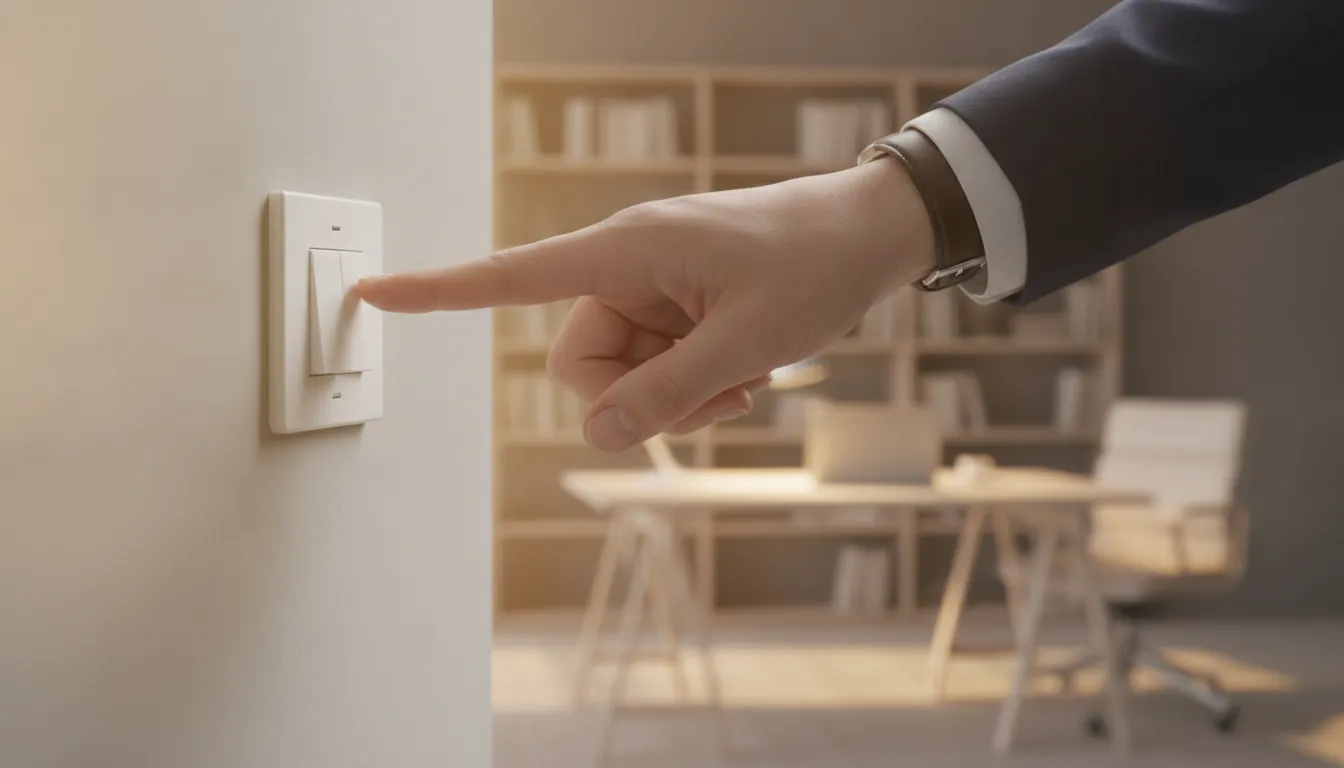 Mão desliga interruptor, tela acesa. Tráfego orgânico continua mesmo sem anúncios. Sustentabilidade.