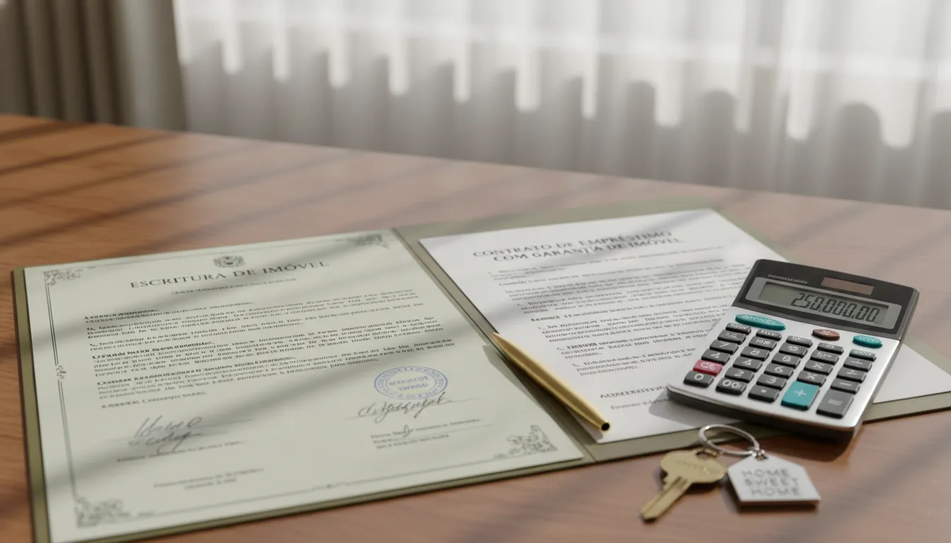 Documentos, chaves e contrato de Home Equity em foco, mostrando os custos e burocracias do crédito garantido