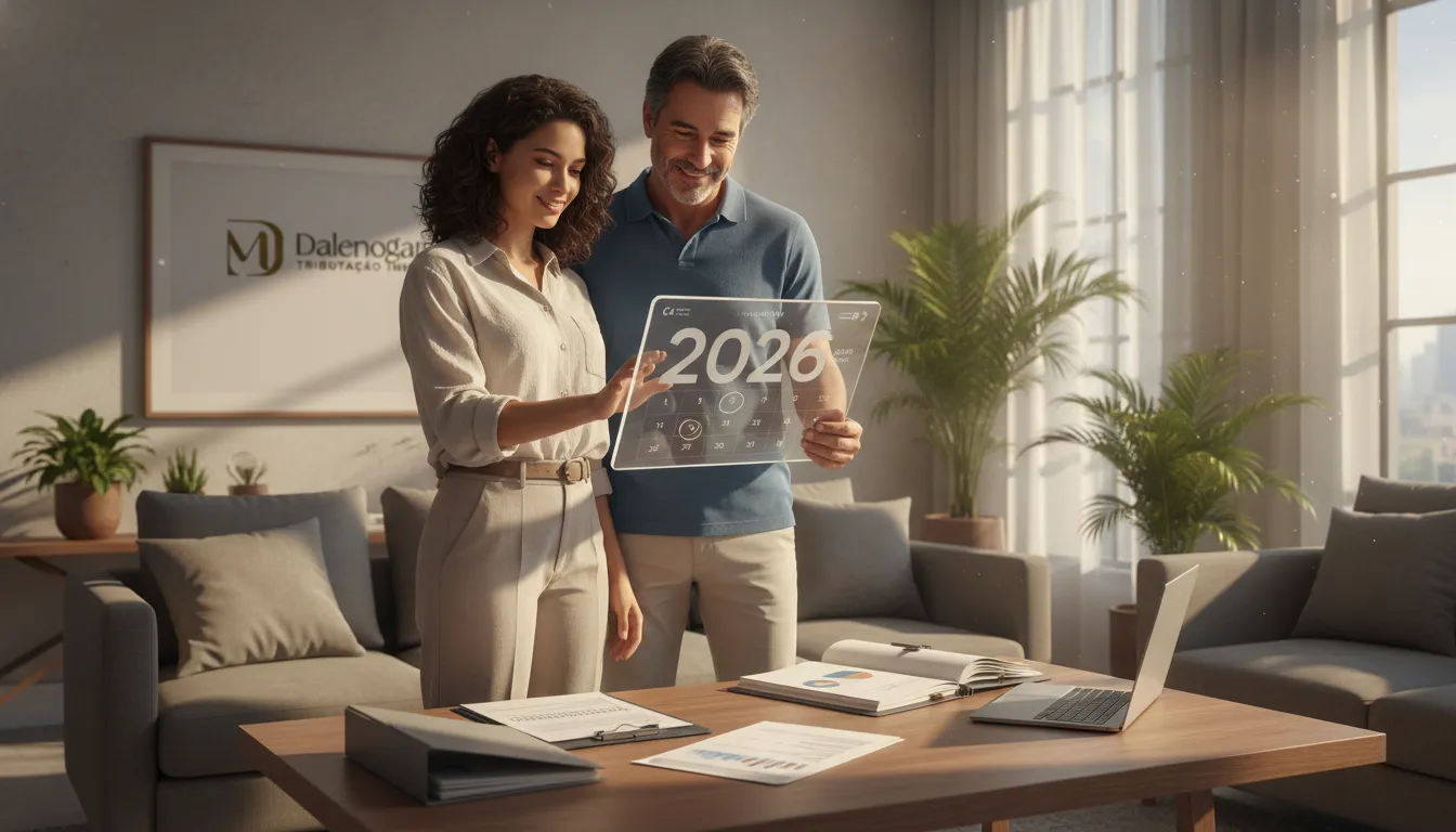 Casal brasileiro planejando futuro financeiro para investir no exterior declarar receita federal em 2026.
