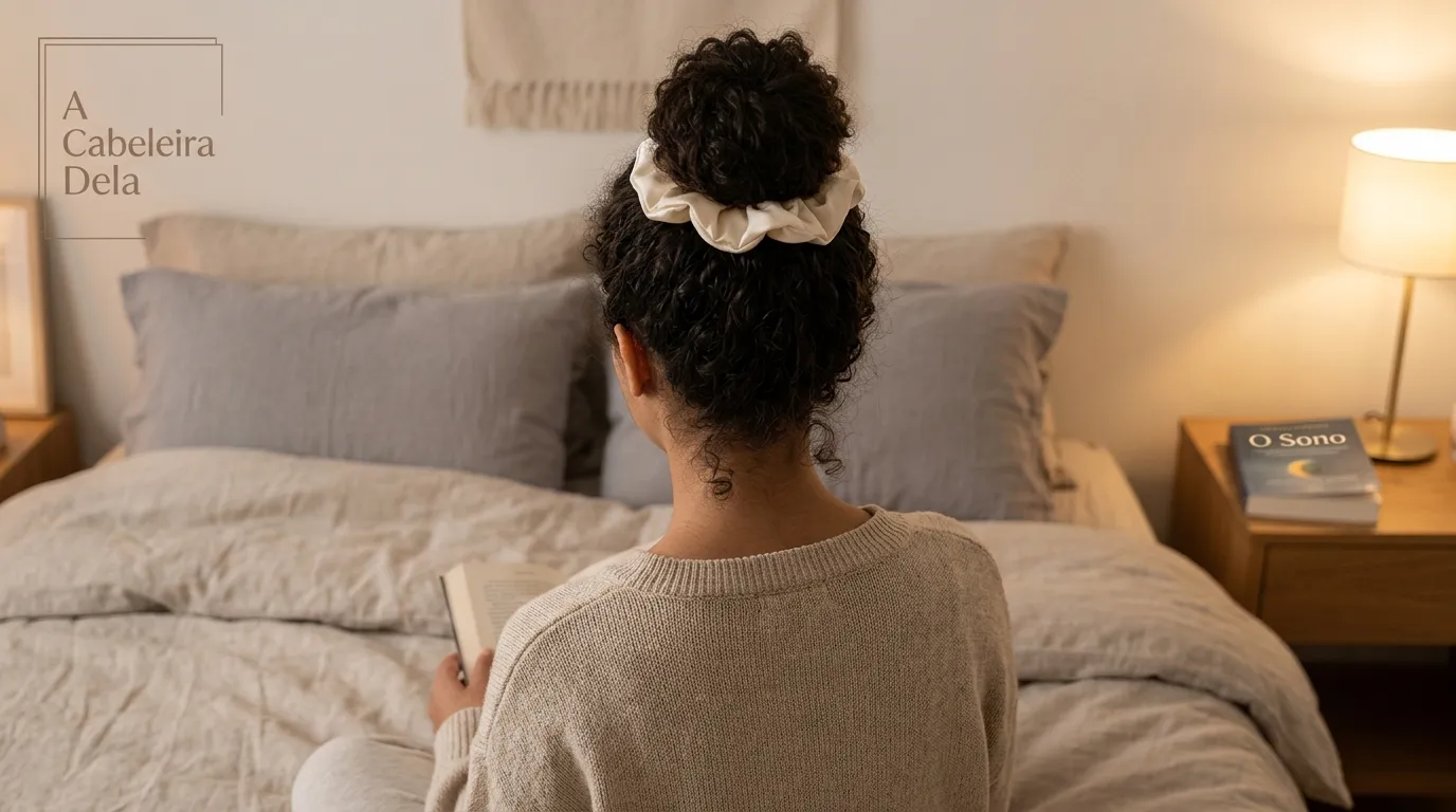 Penteado abacaxi para proteger o cabelo ao dormir e manter cachos definidos.