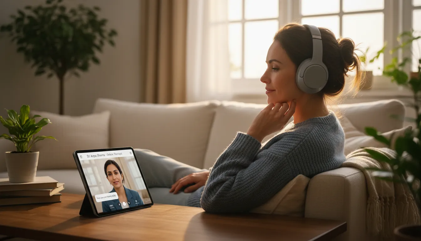 Mulher faz videoterapia para insônia em ambiente tranquilo com tablet e fones de ouvido