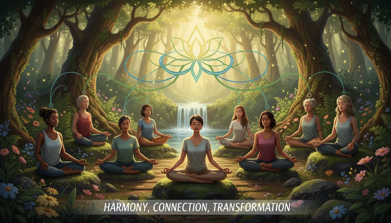 Grupo diverso meditando na natureza sob luz suave, expressando harmonia e transformação interior