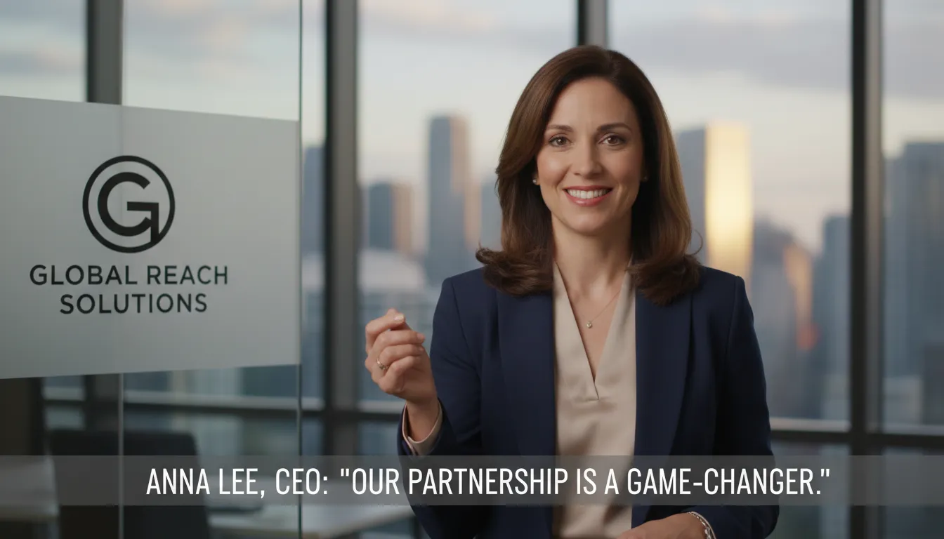 Template de Página de Serviços para Empresas de Consultoria 2 Cliente empresária gravando depoimento em vídeo em escritório bem iluminado e ambiente confiável