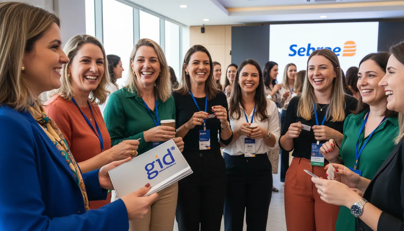 Grupo de empresárias em networking animado, saiba participar prêmio Sebrae e cresça com GID.