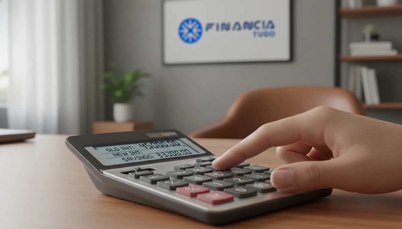 Calculadora mostrando economia com refinanciamento de imóvel para quitar dívidas caras, destacando a redução de juros totais.