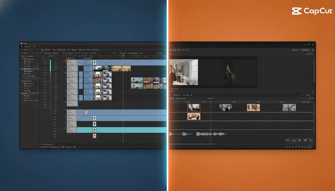 Comparação visual Premiere Pro e CapCut: linha do tempo complexa vs. simples, destacando diferenças.