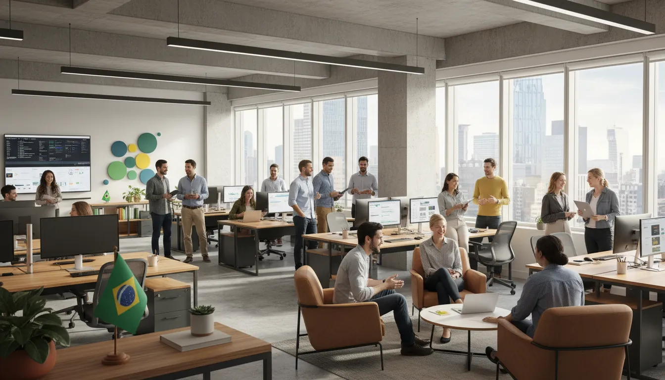 Successful diverse team working in the US, hired by a Brazilian company, achieving growth.