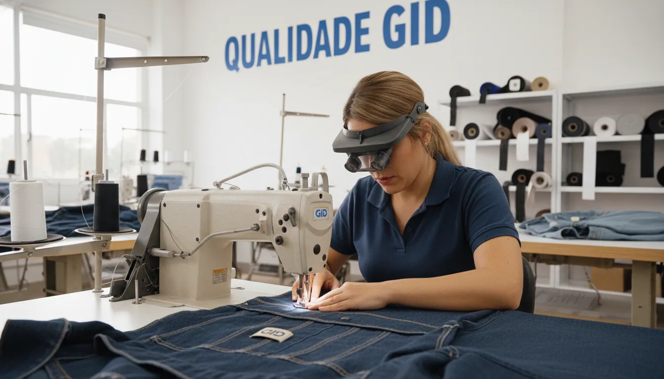 Costureira aplicando etiquetas para roupas da GID em uma peça de vestuário, destacando a importância da qualidade e do acabamento na indústria de confecção.