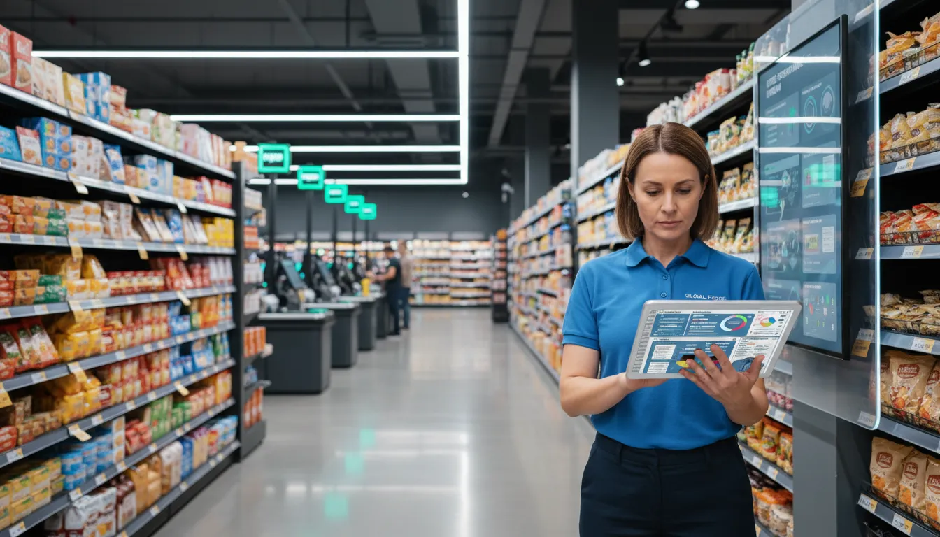 Gestor de supermercado analisando dados em tablet em ambiente automatizado