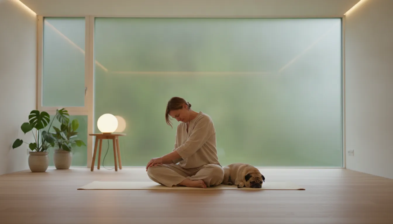 Pessoa faz yoga com pet ao lado, simbolizando calma e saúde mental. Pets complementam terapia online.
