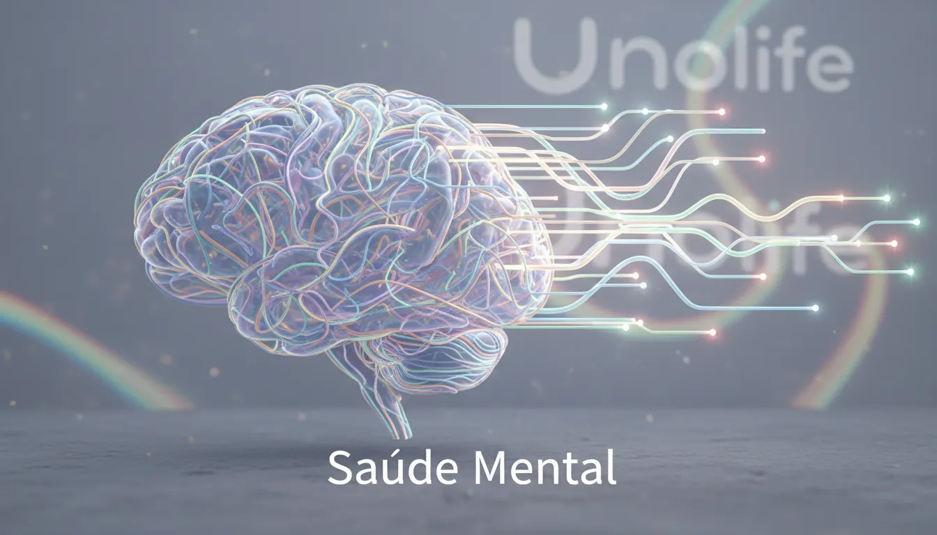 Ilustração abstrata do cérebro se reorganizando, simbolizando a clareza mental alcançada com a terapia e o suporte para saúde mental.