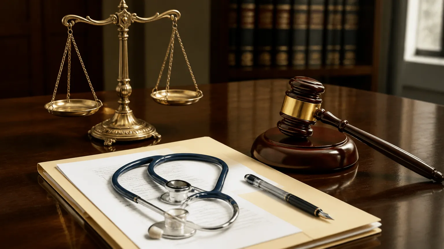 Balança da justiça e laudo médico para ação de liminar contra plano de saúde em Timbó Santa Catarina.