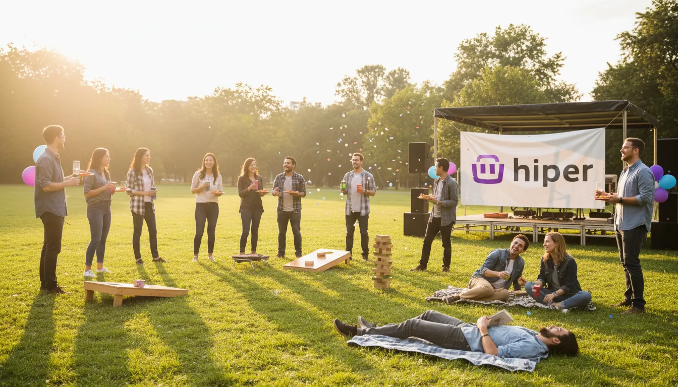 Grupo diverso de funcionários aproveitando um piquenique da empresa, celebrando as férias e mostrando como calcular o descanso merecido.