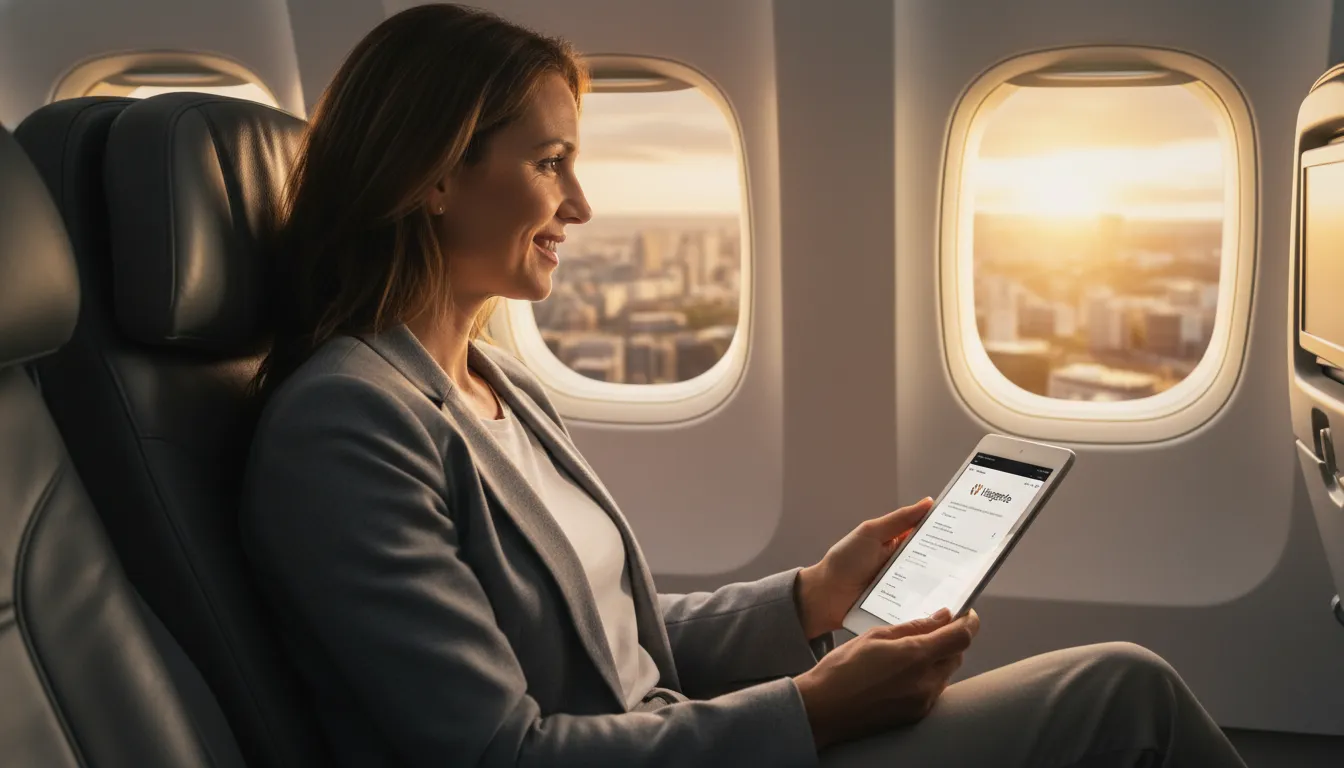 Viajante de negócios sorri em voo, desfrutando de uma gestão de viagens corporativas sem estresse e eficiente.