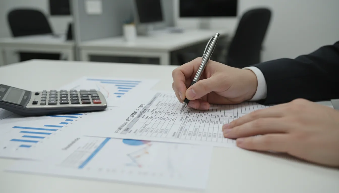 Mãos preenchendo tabela de cálculo de horas extras com calculadora e gráficos