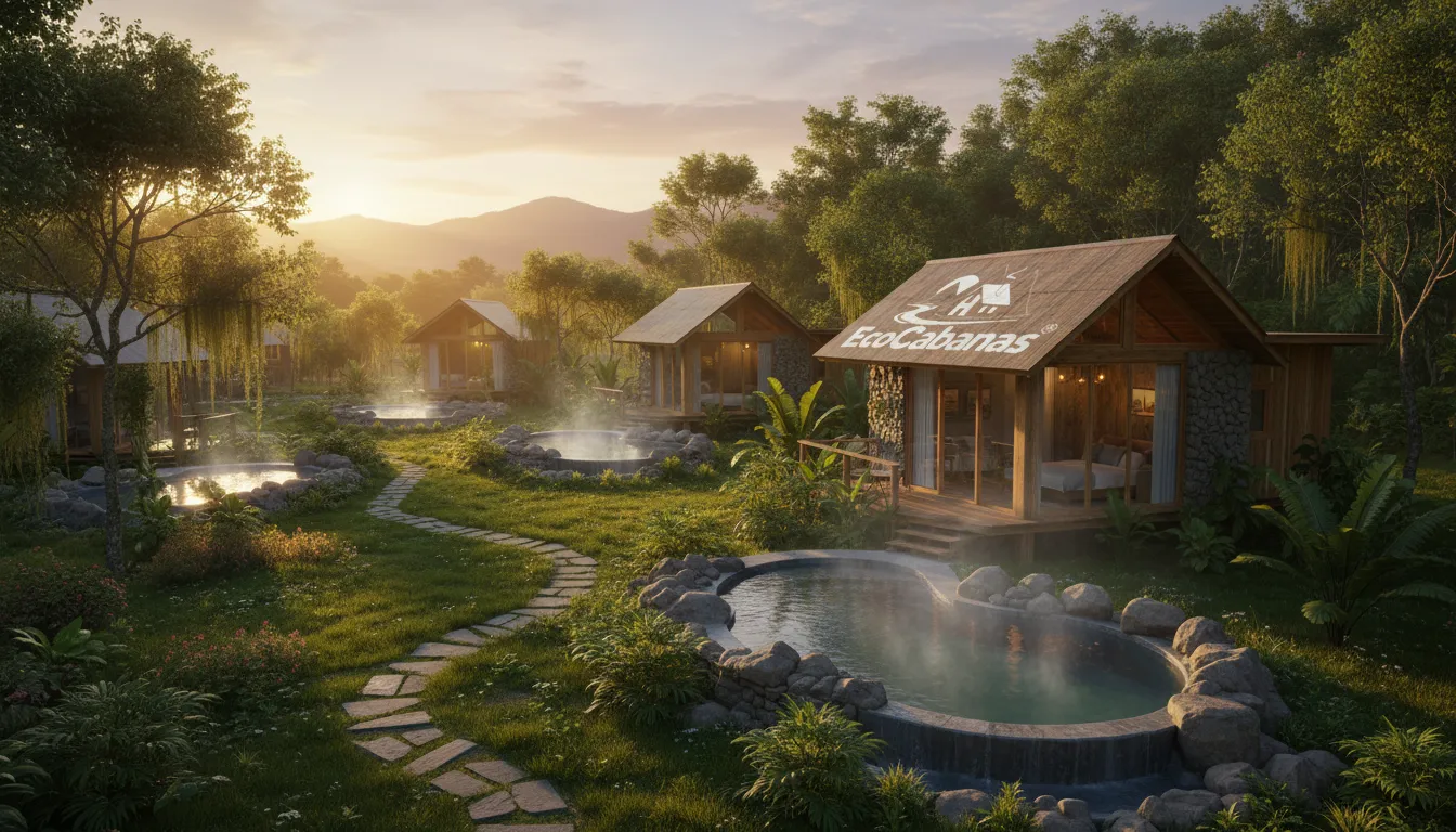 Vista panorâmica das Eco Cabanas, cada uma com sua própria piscina aquecida, integradas à natureza exuberante.