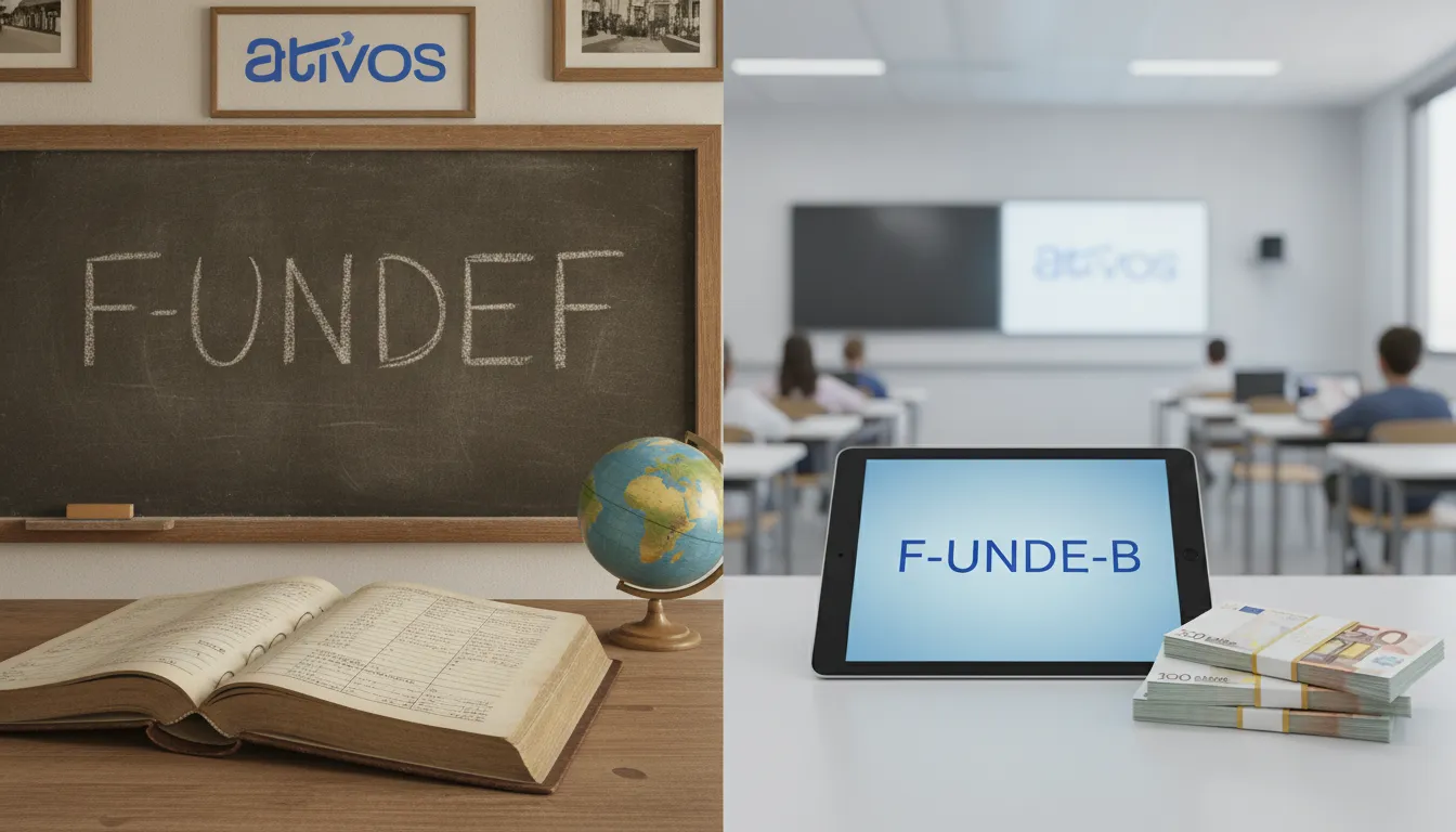 Comparativo visual FUNDEF e FUNDEB: chalkboard antigo vs. tablet moderno com notas, ilustrando a evolução do precatório.