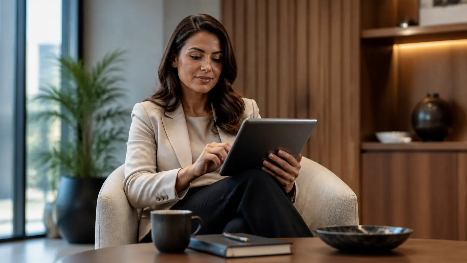 Empreendedora avaliando soluções e como gerar oportunidades comerciais através de parcerias estratégicas.