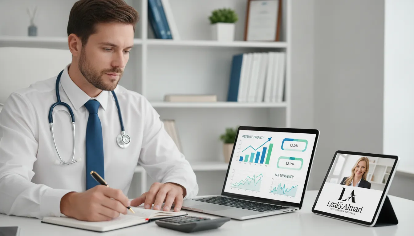 Contabilidade para médicos e profissionais de saúde: médico revisa finanças com consultoria remota.