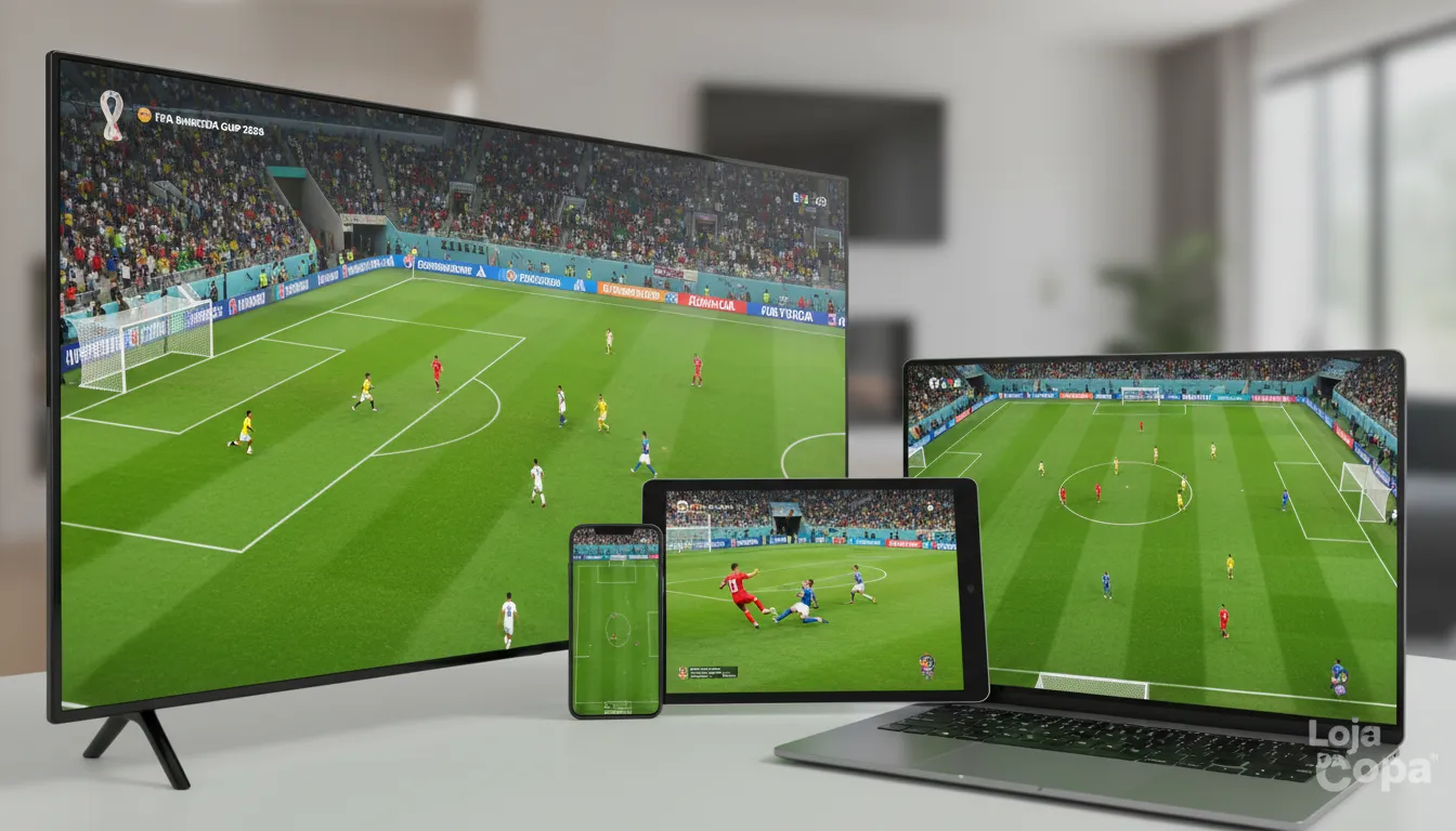 Diversos dispositivos exibindo a copa 2026 streaming brasil ao vivo, representando a acessibilidade e conveniência de assistir.