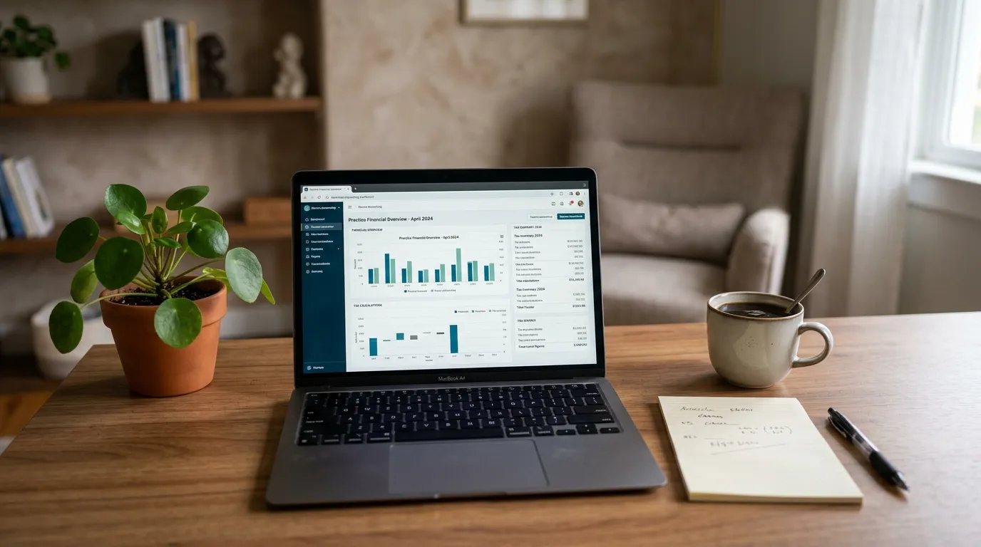 Notebook com painel de contabilidade para psicólogos sobre mesa de consultório organizado.