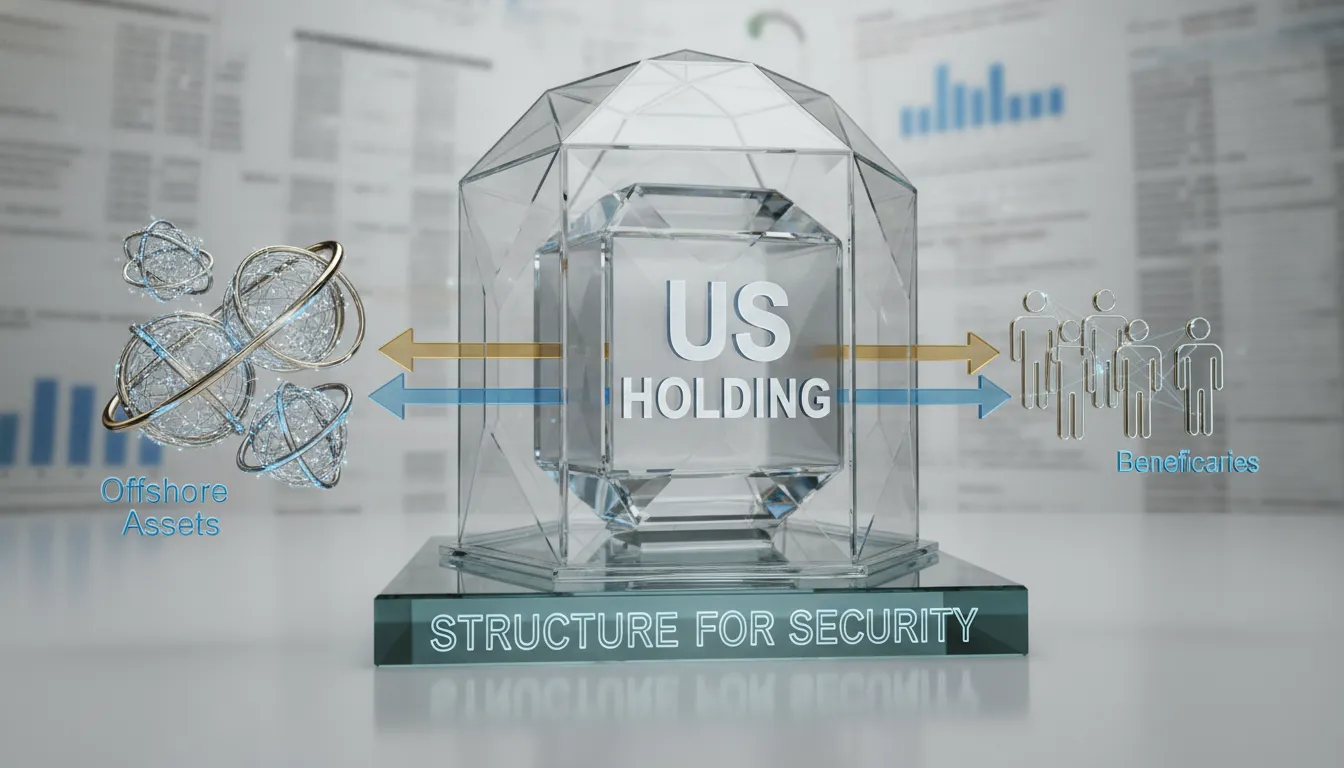 Clear financial structure with US holding company securing global assets for offshore holding eua protecao patrimonial.