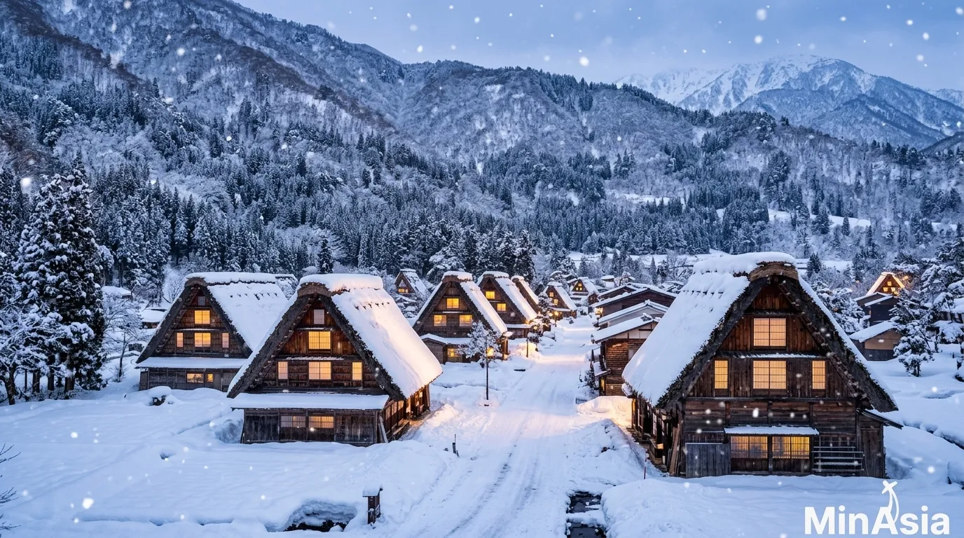 Vila Shirakawa-go nevada destacando a melhor época para viajar para o Japão no inverno.