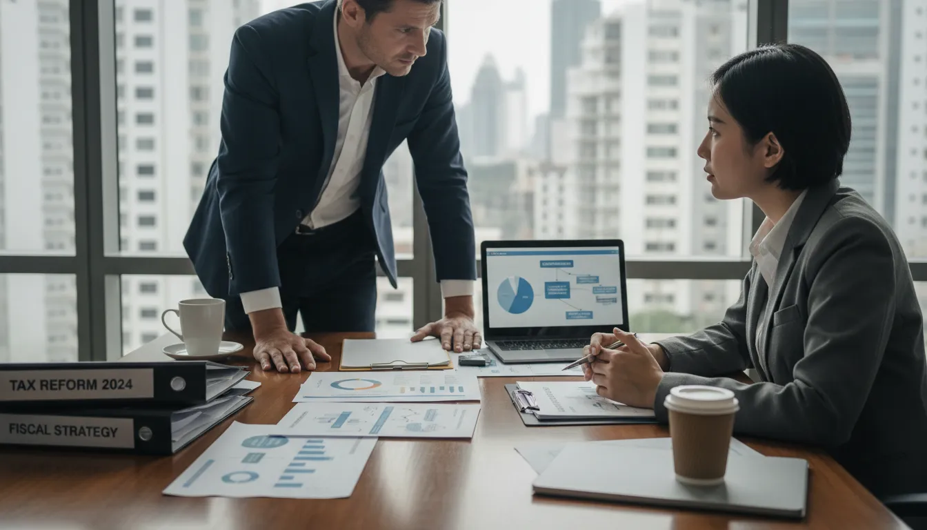 Consultor contábil orientando pequeno empresário sobre cenários tributários complexos e planejamento fiscal.