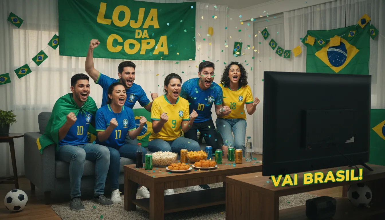 Amigos reunidos assistindo a um jogo, todos vestindo a camisa selecao brasileira, em uma sala decorada com motivos da Copa do Mundo.