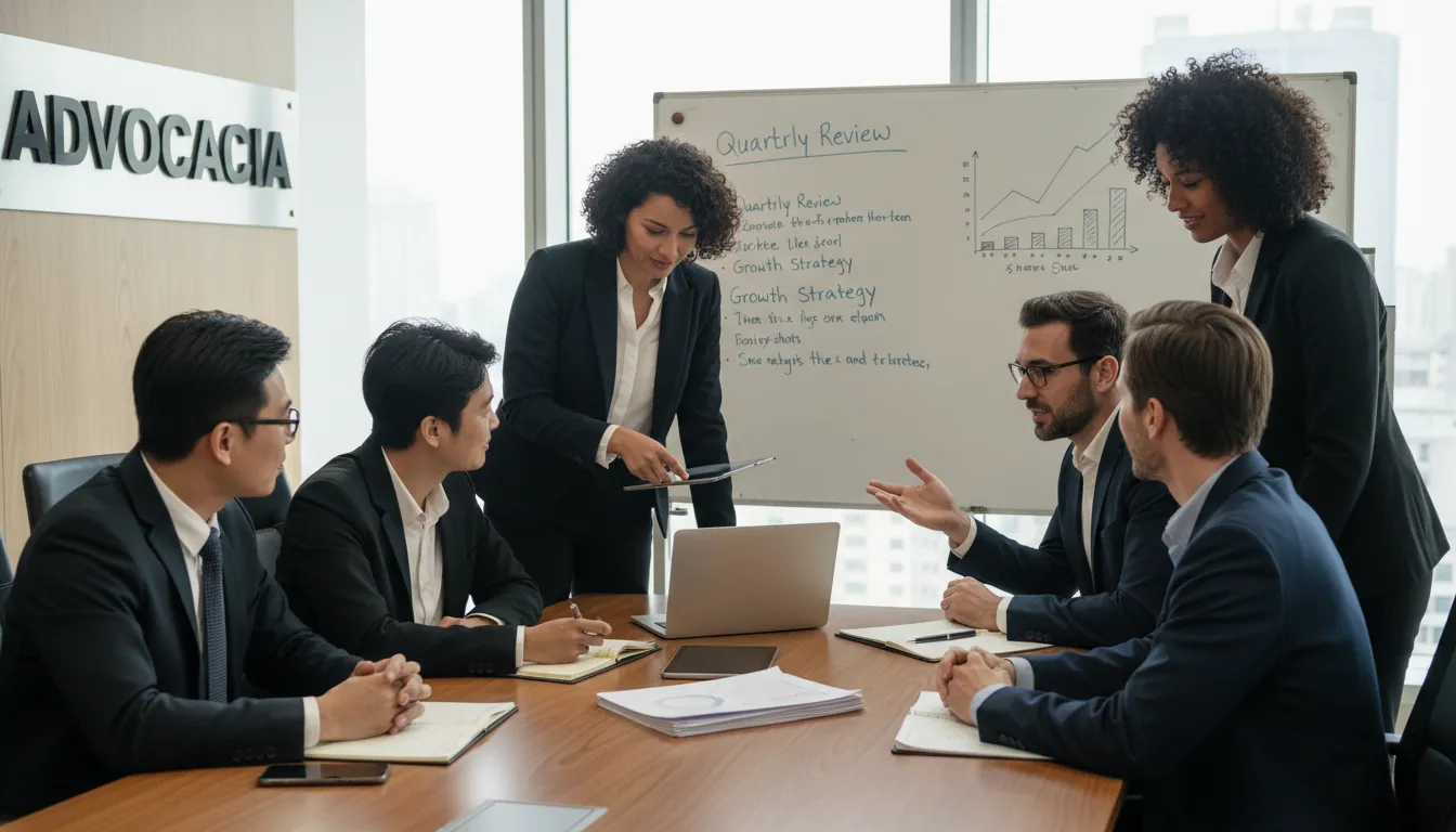 Equipe diversa colaborando em documentos financeiros, representando a contabilidade para escritório de advocacia e a parceria estratégica entre a Prezzo e seus clientes.