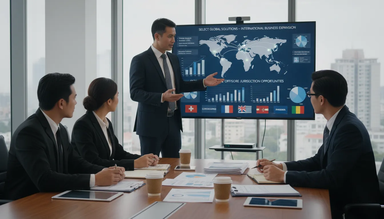 Consultor contábil apresentando diferentes jurisdições para estruturação offshore.