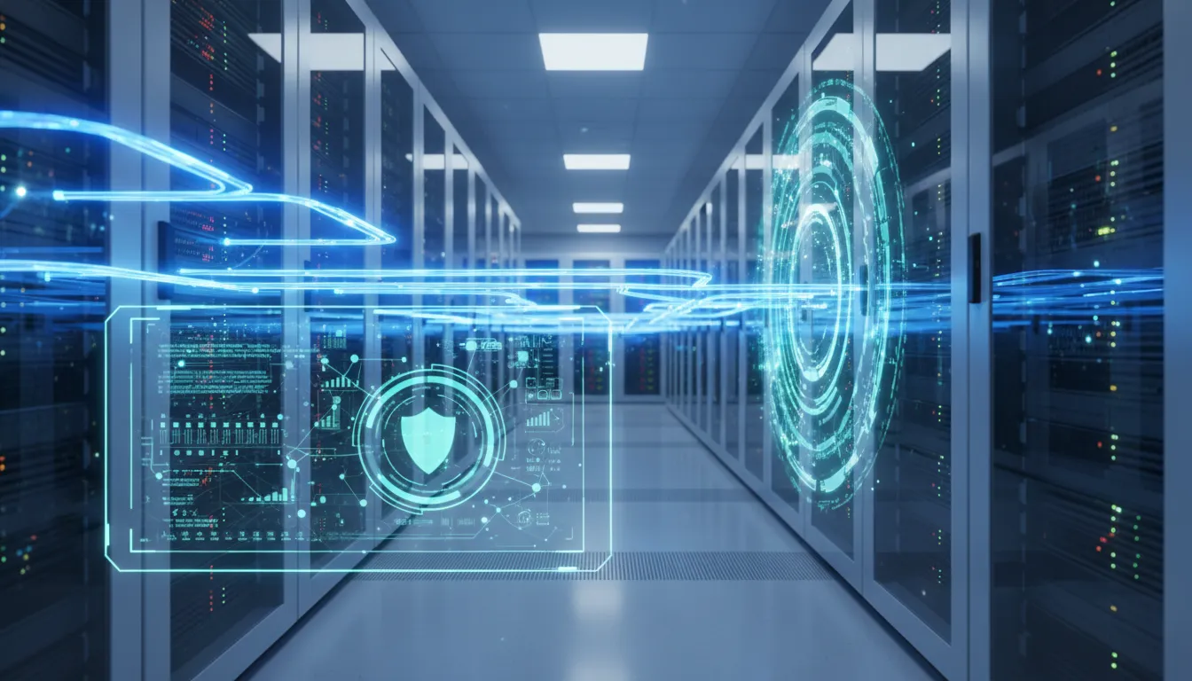 Fluxo de dados seguro e rápido em um data center moderno, ilustrando o hyper tprm rethinking third-party para segurança.