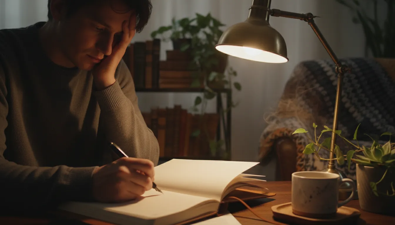 Uma pessoa escrevendo em um diário à luz de uma lâmpada, representando a introspecção e o autoconhecimento como ferramentas de crescimento pessoal.